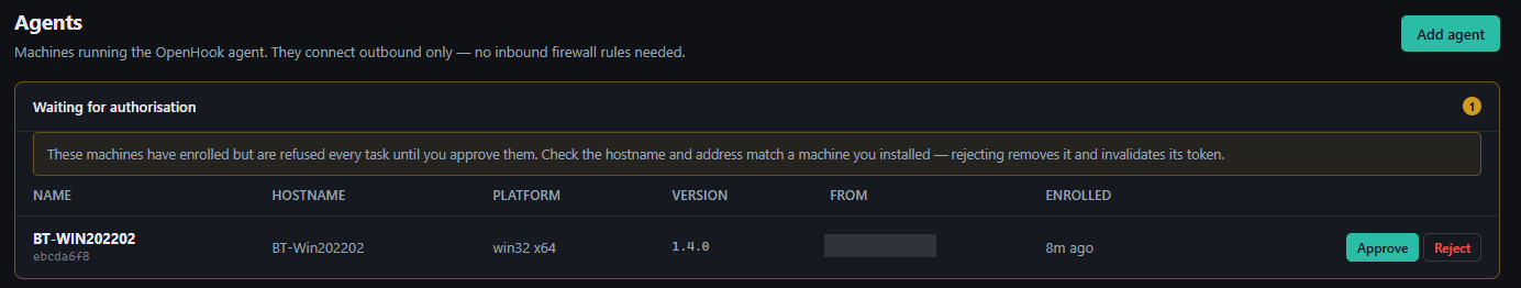 The OpenHook Agents page showing one machine listed under Waiting for authorisation, with Approve and Reject buttons.