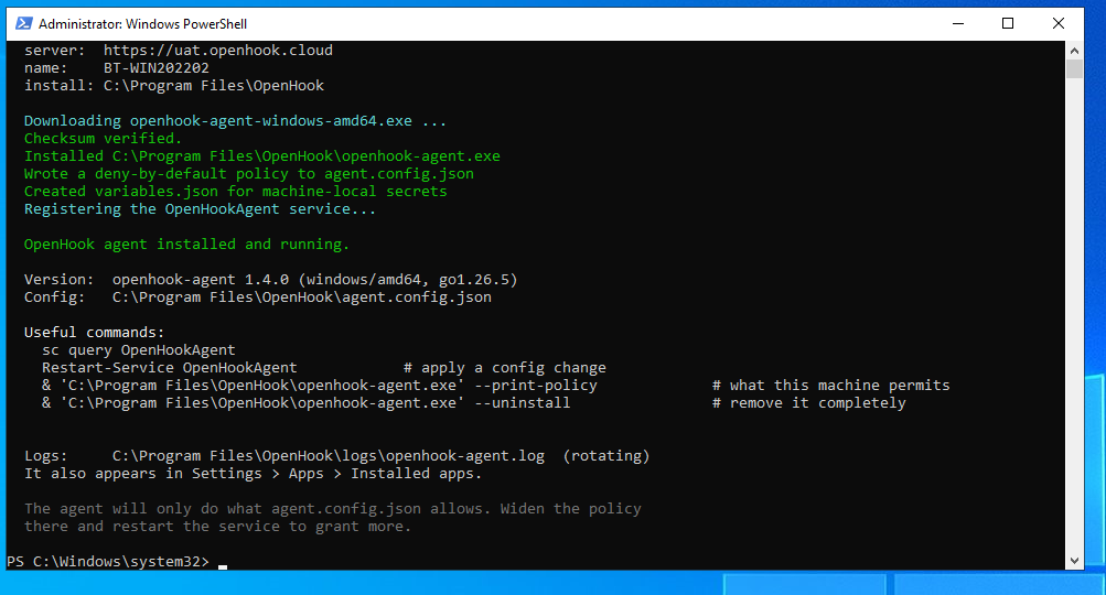 PowerShell output after installation: checksum verified, the agent installed as a Windows service, and a deny-by-default policy written to agent.config.json.