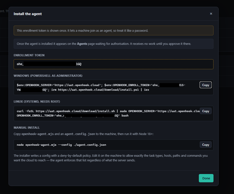 The Install the agent dialog, showing a one-time enrollment token and ready-made PowerShell, Linux and manual install commands.
